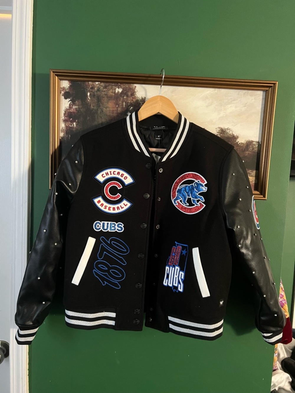 Wild Collective Anthropologie Chicago Cubs Black Varsity Jacket with Patches - Picture 2 of 6
